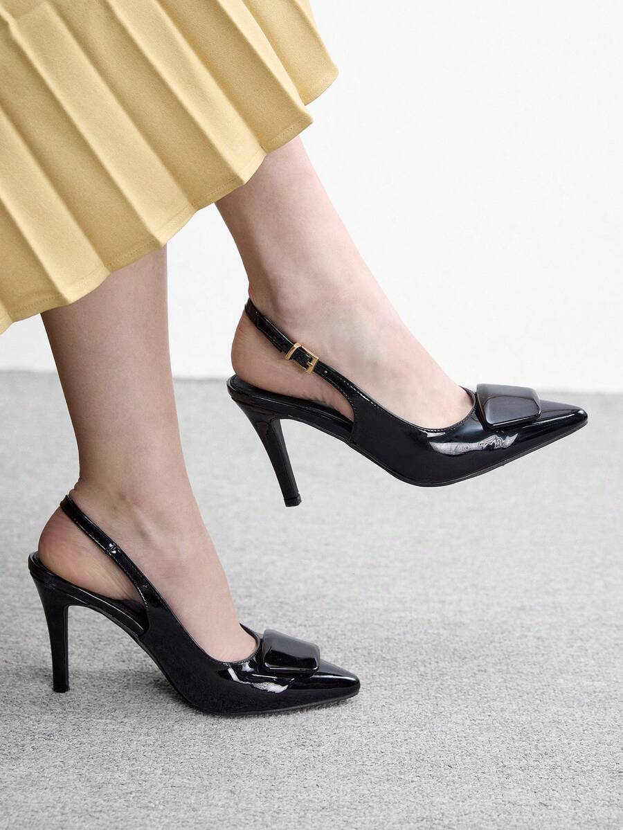 CUCCOO BIZCHIC Talons hauts à bride arrière pointus, sandales à talons aiguilles pour femmes, chaussures fines, tenue extérieure élégante et à la mode, boutons brillants, chaussures de travail quotidiennes, talons hauts pointus  enrobé bordeaux, chaussures à talons aiguilles à bride arrière, chaussures de printemps - Noir - Voir 1