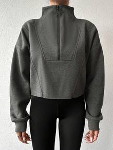 EURMUSE Sudadera Corta Con Hombros Caídos Y Media Cremallera De Color Sólido Para Mujeres - Verde militar - Ver 5