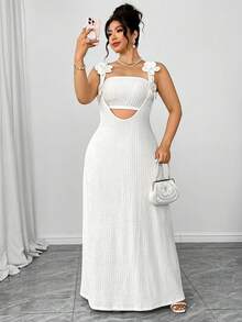 Elenzga Plus Size White Summer Elegant Holiday Party Pleated Textured Knit 3D Floral Maxi Dress & Fitted Cropped Camisole 2 Piece Set For Outing,Vacation - White - View 3