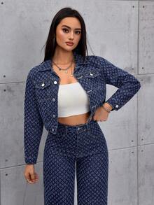 SHEIN ICON Women's Vintage Coin Button Casual Long Sleeve Denim Jacket - Dark Wash - View 6
