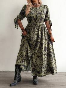 Whyspr Plus Size Punk Vintage Butterfly Print Vacation Dress, Spring/Summer - Army Green - View 3