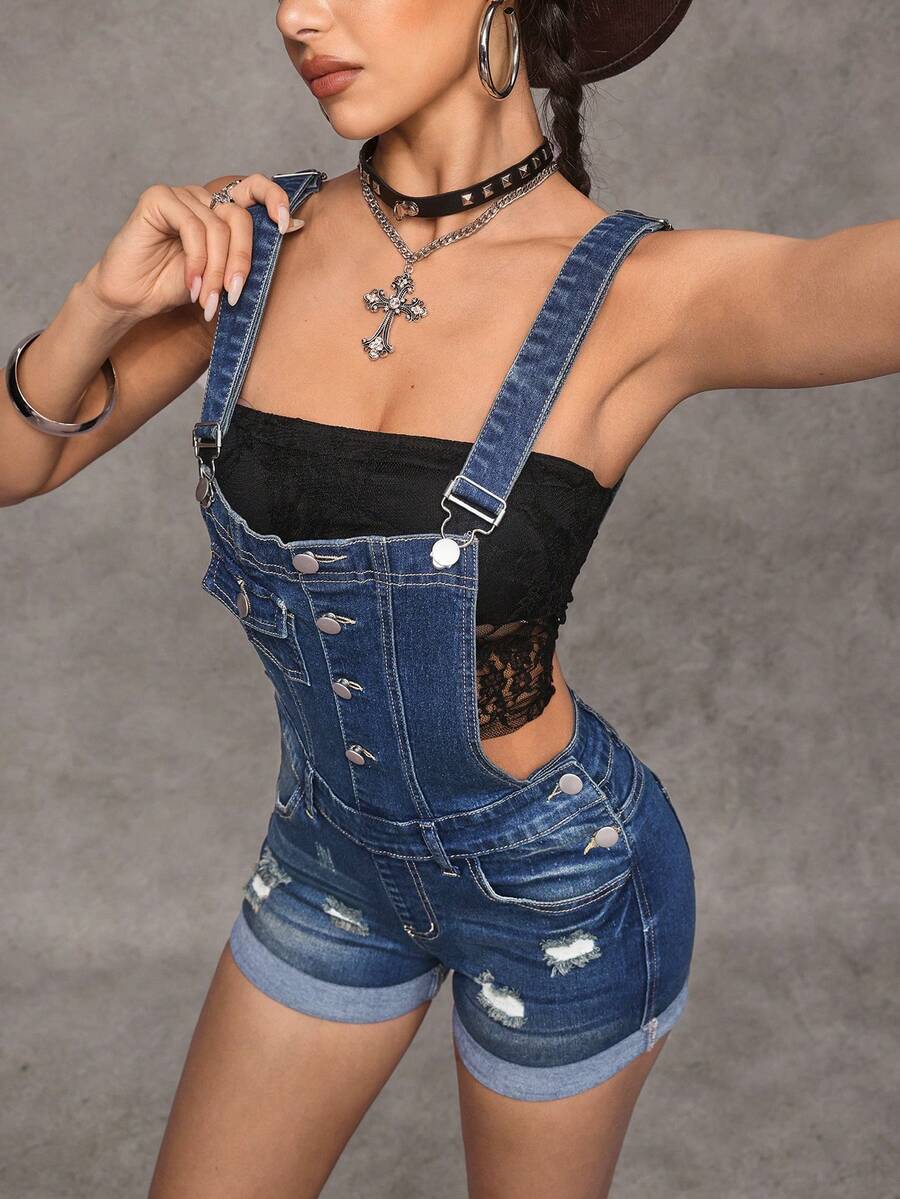 Jeanoix Y2K 时尚做旧水洗休闲百搭牛仔背带短裤 - 深色水洗藍 - 查看 1