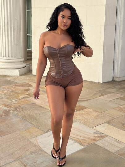 Alexandranx 纯色 PU 皮革紧身胸衣 棕色 胸杯 腰部塑形 束身衣上衣