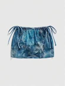 ROMWE Avant Spring/Summer Ultra Low Waist Drawstring Shell Sequin Mesh Print Mini Skirt - Blue - View 1