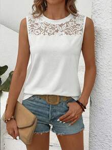 Selamara Áo thun nữ cổ tròn phối màu, kiểu dáng thường ngày, đa năng. - trắng - Xem 3