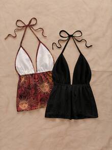 Soleia Set de 2 piezas de top halter con tirantes anudados y espalda descubierta para mujer, adecuado para verano, vacaciones, playa, estampado de paisley primaveral - Multicolor - Ver 2