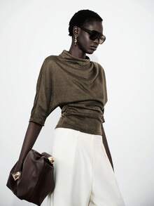 Lumivelle 女士优雅现代翻领薄纱短袖上衣，夏季 - 咖啡棕 - 查看 6