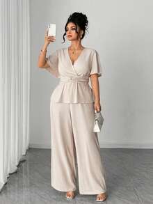 Elenzga Elegant Plus Size Apricot Knitted Deep V Neck Ruffle Hem Short Sleeve Long Pants Two Piece Set - Apricot - View 7