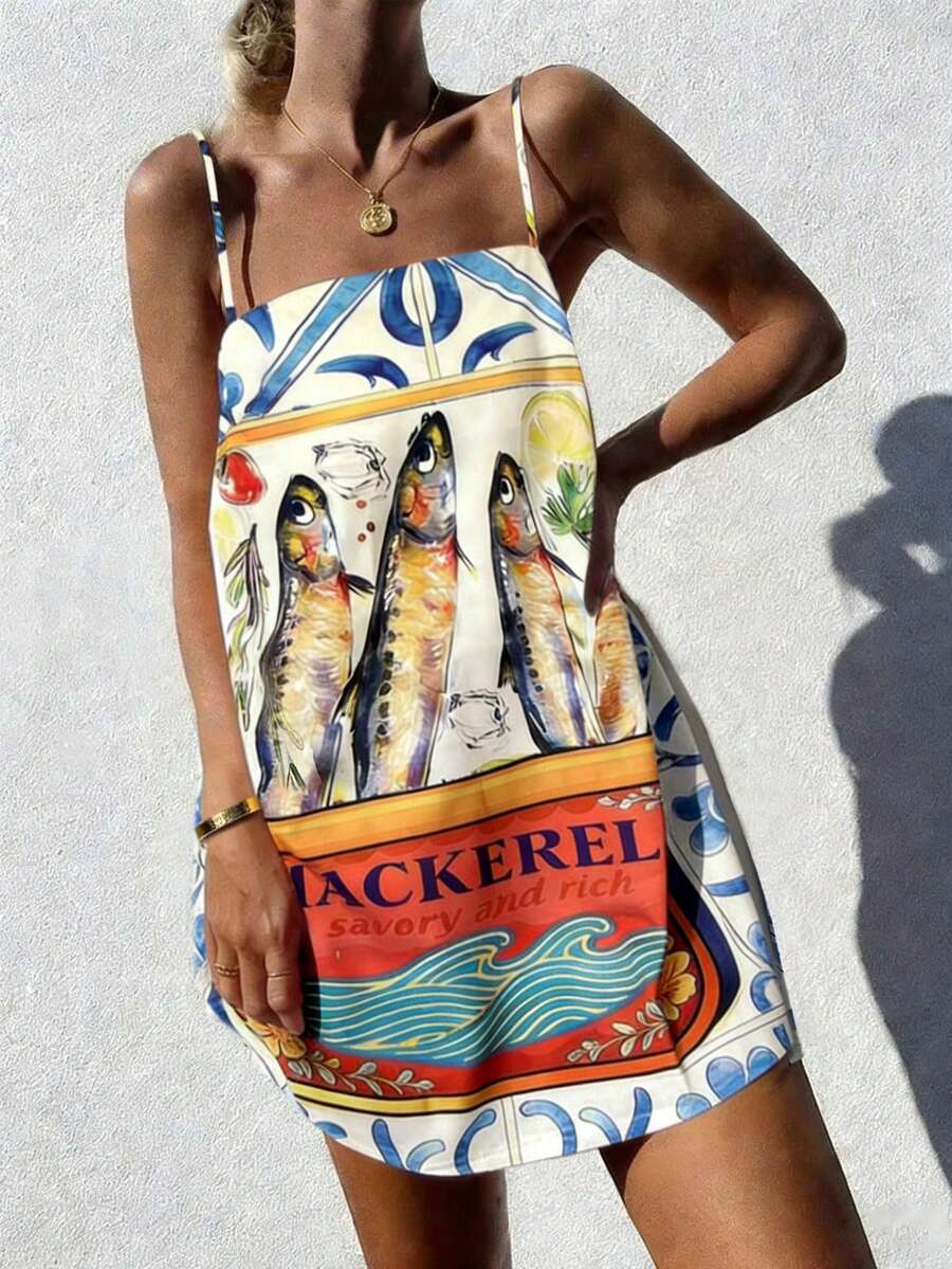 Vaclyn Đầm hai dây ngắn nữ in chữ và hình cá, thích hợp cho kỳ nghỉ, hẹn hò, đi chơi. - Nhiều màu - Xem 1