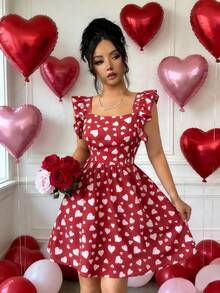 Pariaura INS Valentine's Day Heart Backless Tie Strap Cap Sleeve Dress For Women - Red - View 4