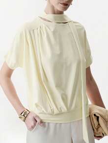 Aalyst Tricou elegant pentru femei, cu guler lung, plisat, cu fundă și mânecă scurtă, galben deschis, potrivit pentru ocazii de primăvară/vară, precum Anul Nou, Ziua Îndrăgostiților, Paște, Ziua Mamei, nunți în Orientul Mijlociu, la locul de muncă, escapade romantice - Lumină galbenă - Vizualizare 1