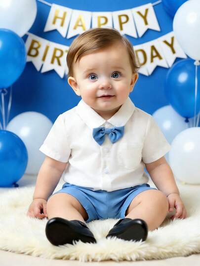 两件套男婴正装：白色短袖衬衫配蓝色领结，搭配同色系松紧腰短裤。白色衬衫和蓝色短裤的组合显得格外优雅，使整套服装看起来整洁时尚，适合生日庆祝、派对、宴会、家庭聚会、洗礼、婚礼、婚礼宾客、花童以及返校等场合。