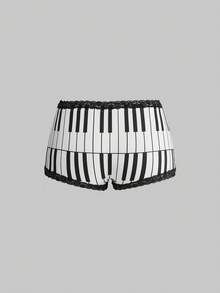 ROMWE Y2K Retro Music Note & Piano Keyboard Print Lace Trim Low Waist Shorts 3 Pieces Set - Multicolor - View 10