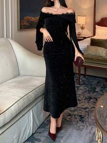 Women's Off Shoulder Lace Patchwork Long Velvet Fitted Elegant Dress Maxi Dress Sundress - Black - View 2
