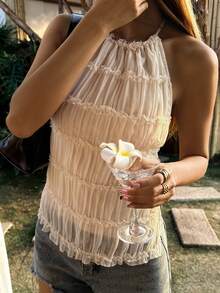 DAZY 女士纹理面料露背系带吊带背心，优雅性感休闲款 - 米色 - 查看 6