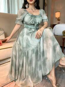 DAZY Women's Square Neck Short Sleeve Cinched Waist Casual Chiffon Dress, Vacation Style Dress - Green - View 1