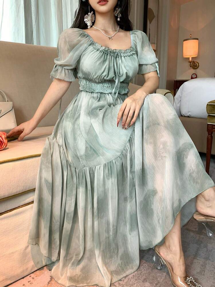 Women's Square Neck Short Sleeve Cinched Waist Casual Chiffon Dress, Vacation Style Dress Sundress