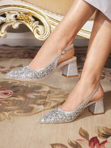 CUCCOO TILAWA Women's Shoes Square Heel Glass Rhinestone Decorative Pointed Women's High-Heeled Shoes, Suitable For Going Out, Banquets, Parties And Other Activities - Silver - View 6