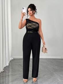 SHEIN Elenzya Plus Size Elegant Jumpsuit, Oblique Shoulder, Cinched Cinched Waist, Sophisticated, Versatile, Suitable For Dates And Formal Occasions - Black - View 6