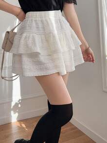 FRIFUL Women's Solid Black Ruffled Layered Hem Loose Casual Versatile Mini Skirt - Black - View 5