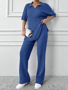 EURMUSE Cotton Two Pieces Set Polo Neck Top And Pant Set Rib Knit Fabric - Blue - View 6