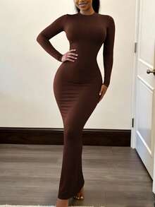 INAWLY Gaun Maxi Wanita Warna Polos Lengan Panjang Pas Badan Elegan Cokelat untuk Musim Gugur, Musim Semi dan Musim Panas - Kopi - View 5