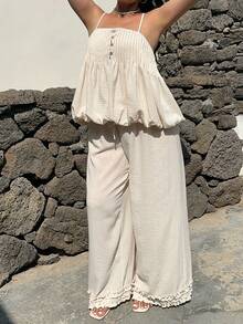 Sunnyshic Bộ đồ 2 món cỡ lớn, kiểu dáng thường ngày, họa tiết hoa, gồm áo hai dây và quần ống rộng, thích hợp cho kỳ nghỉ. - Màu be - Xem 4