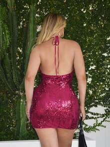 Rustia Plus Size Women's Red Sequin Spaghetti Strap Waist Fitted Summer Party Mini Dress, Flattering For Curvy Figures - Burgundy - View 2