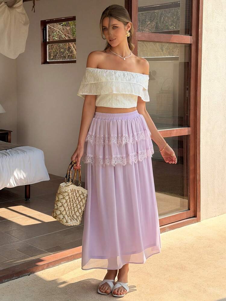 Spring & Summer 2 In 1 Pink Hollow Lace Patchwork Dress, Elegant Casual Vacation Beach Chiffon A-Line