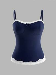 INAWLY Camiseta sin mangas ajustada con lazo y encaje de contraste para mujer, estilo casual de verano - Azul - Ver 4