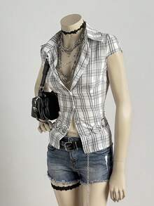 EgrlEra Women's Sexy Plaid Fabric Slim Fit Commuter Minimalist Office Lady Shirt - Multicolor - View 3