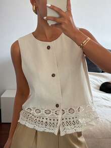 Livesso Women's Hollow Lace Patchwork Loose Business Casual Sleeveless Blazer Vest, Fashionable Office Wear, Spring & Summer - Beige - View 4