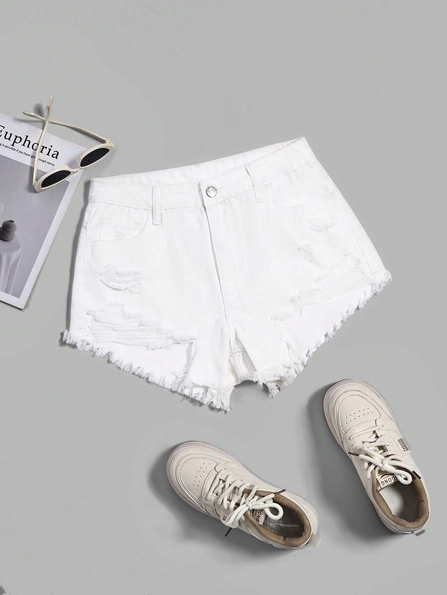 SHEIN EZwear 女士休闲时尚街头风日常通勤百搭做旧毛边白色牛仔短裤,夏季 - 白色 - 查看 1