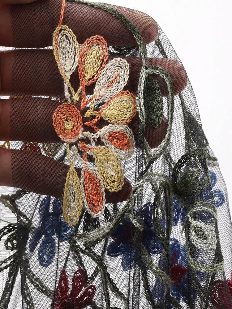 Women's V-Neck Cinched Waist Floral Embroidered Dress, Elegant Holiday Style Sundress