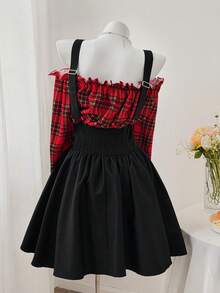 Sweetra Plaid Color Block Suspender Off Shoulder Off-Shoulder Long Sleeve Puff Sleeve Chest Tie Hem A-Line Plus Size Women Dress - Multicolor - View 2