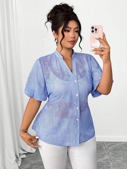 Elenzga Plus Size Women's Blue Striped A-Line Shirt, Elegant Petal Sleeve V-Neck Versatile Workwear Blouse With 3D Fabric
