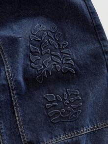 ROMWE MEN 男士休闲宽松压纹图案牛仔裤 - 藍色 - 查看 4