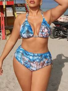 SHEIN Swim SXY 大码三件套泳装，扎染泼墨印花深V领上衣，高腰泳裤，双层网纱裙，性感沙滩度假泳池套装 - 彩色 - 查看 5