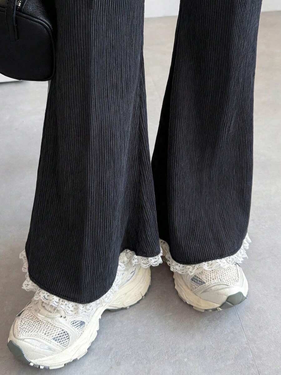 FRIFUL 女士蕾丝边抽绳腰喇叭裤 - 黑色 - 查看 1