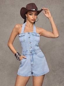 Jeanoix Y2K 时尚口袋露背水洗牛仔连体衣 - 淺色水洗藍 - 查看 5