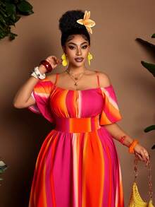 Vestido de talla grande sexy con hombros descubiertos y cintura ceñida, con un ajuste favorecedor, adecuado para Halloween, primavera/verano - Rosa Fucsia - Ver 3