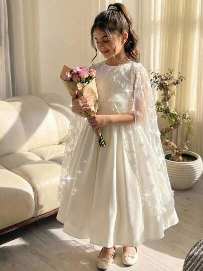 少女优雅网纱拼接3D立体花卉装饰派对连衣裙，夏季