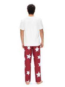 SHEIN Men's Casual Star Print Short Sleeve T-Shirt And Pants Loungewear Set - Red and White - View 2