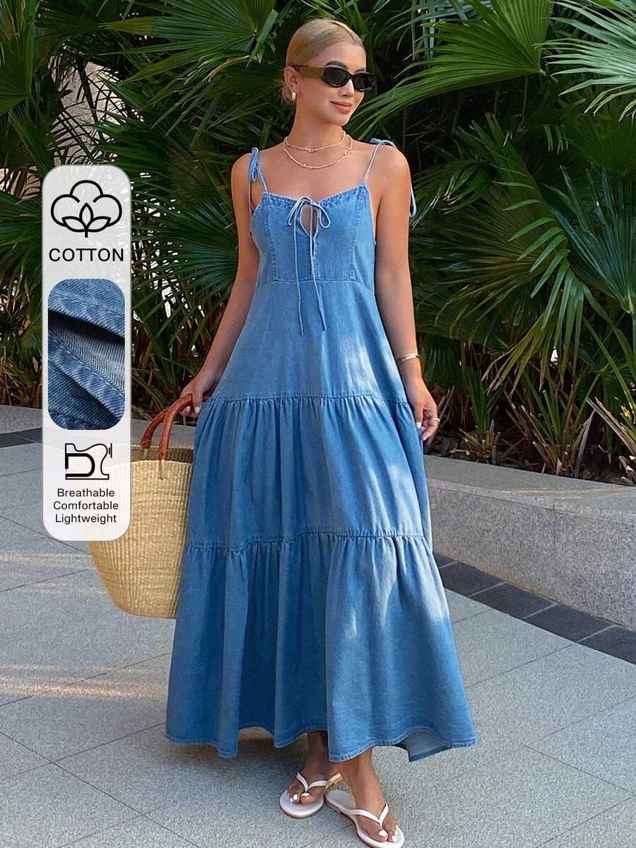 DAZY Women's Lace-Up Cake Skirt, Casual Sleeveless Long Denim Dress Summer - Medium Wash - View 1