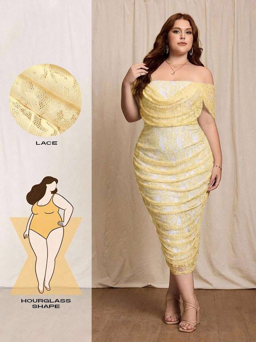 SHEIN MOD Plus Size Lace Cowl Neck Swing Dress, Mini Dress - Light Yellow - View 1
