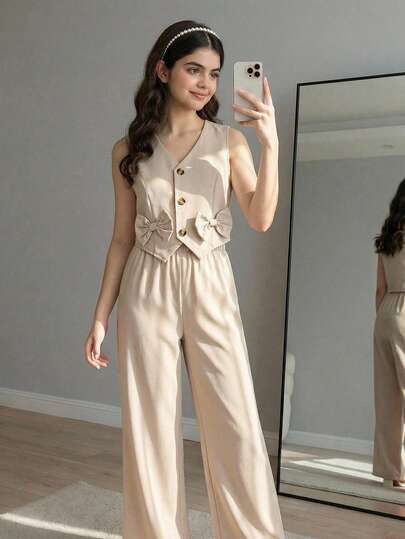 SHEIN סט מכנסיים רחבים ופשוטים עם צווארון V ומכנסיים רחבים בגזרה נוחה לבנות מתבגרות, אביב/קיץ/סתיו, מינימליסטי, צבע אחיד, קפלים, קישוט פפיון, מותן אלסטי