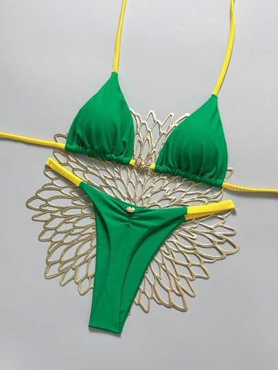 Swim Mod Women's New V-Neck Halter Backless Metal Decor Solid Color Triangle Bikini Swimwear 2-Piece Set, Sexy Thong, Spring/Summer Womans Bikini Sets Bikinis For Women Sets Swimsuit With Wire Bikini With Wire Wire Bra Carnival Bikini Sets For Women Bathing Suit For Women Set