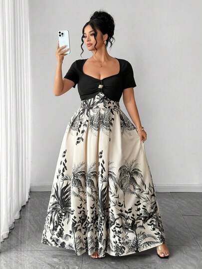 Elenzga Plus Size Women French Style Casual Elegant Patchwork Short Sleeve Dress