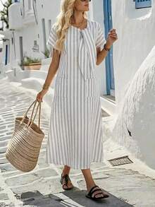 SHEIN Holidaya Breezaya Women's Casual Vacation Loose Cotton Striped Dress - Multicolor - View 8
