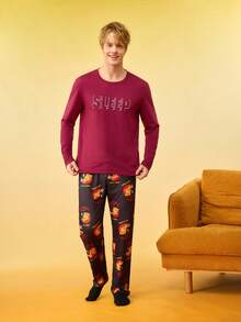 Notgurli Camiseta de dormir de manga larga negra con gráfico "SLEEP" suave y cómoda para hombres - Burdeos - Ver 3